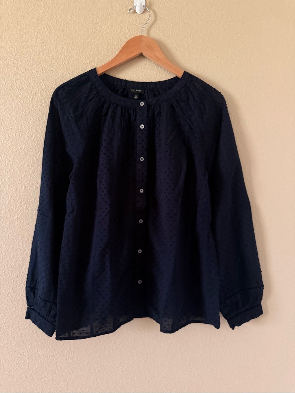 Talbots Navy Button-Front Textured Top - Picture 2 of 7